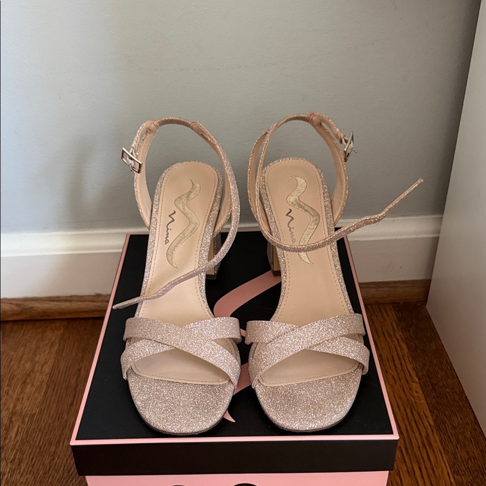 Nina Glitter Strap Heels in Cream